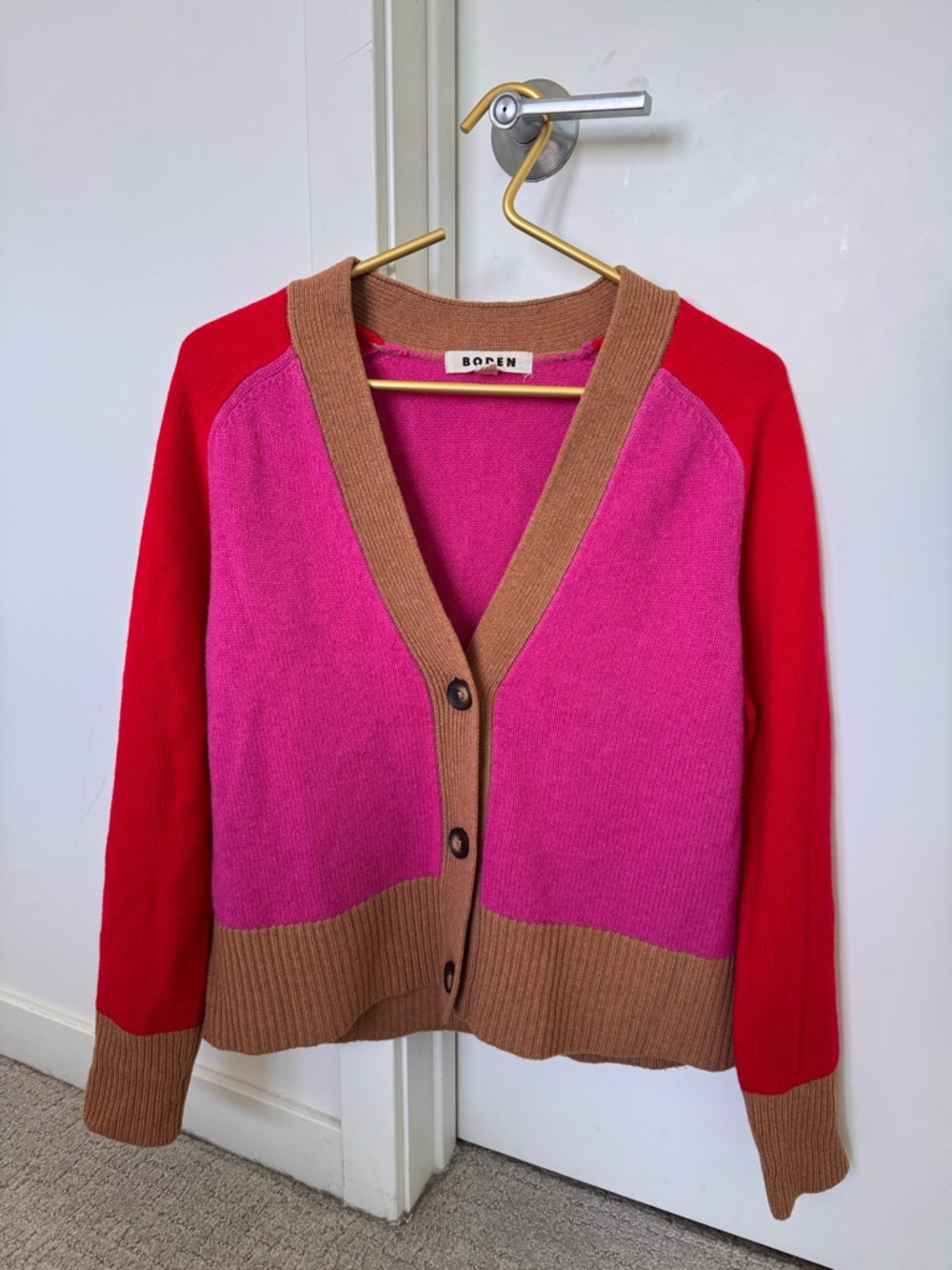 Boden Colorblock Pink Red Tan Wool Blend Cardigan